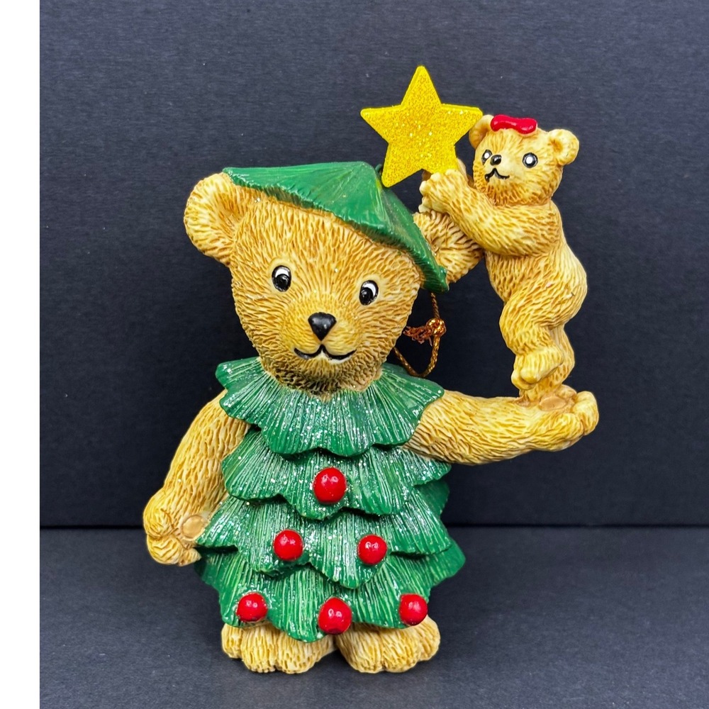 Vintage Claire's 1997 Teddy Bear Christmas Tree Resin Ornament with Cub and Star